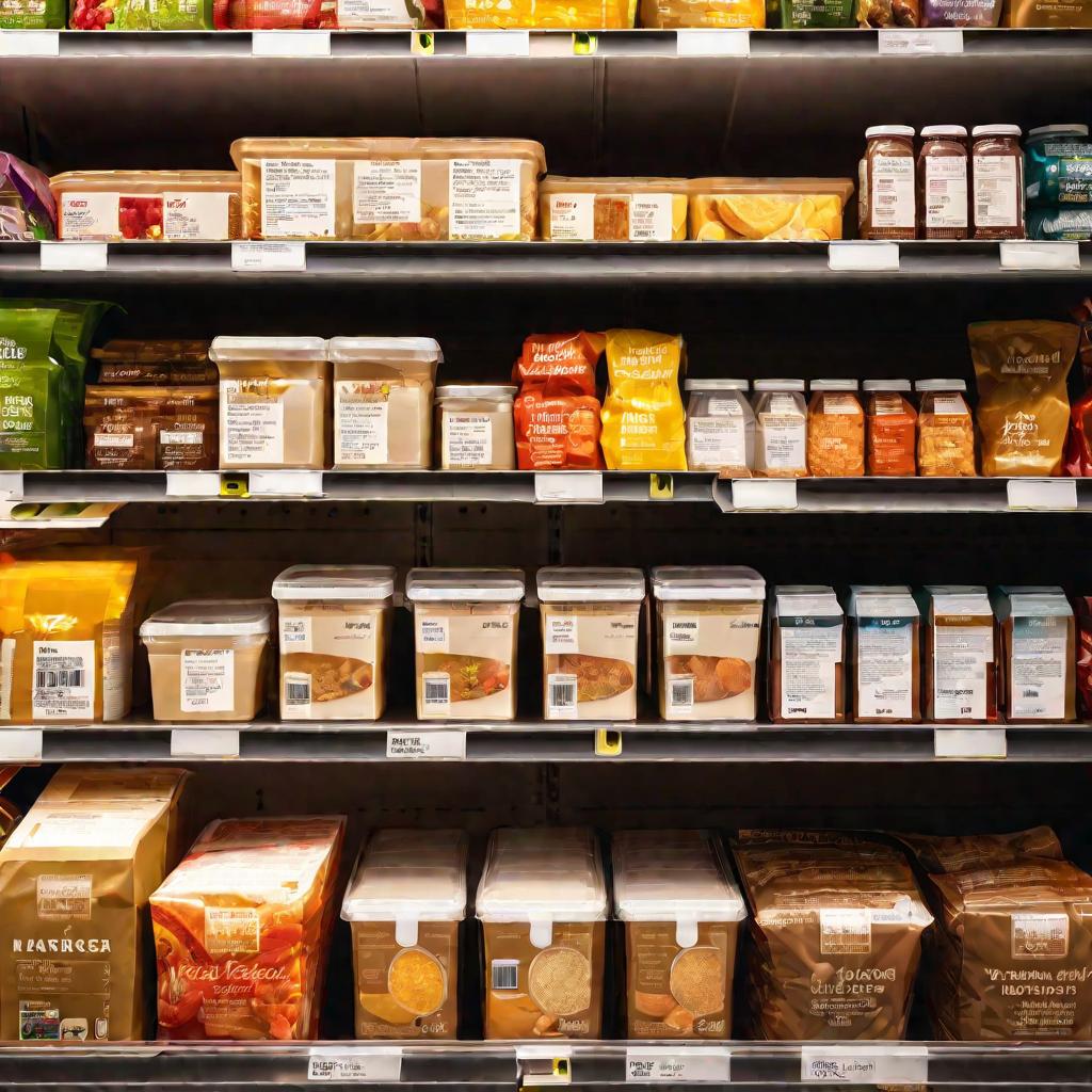 Packaged food products on retail shelves